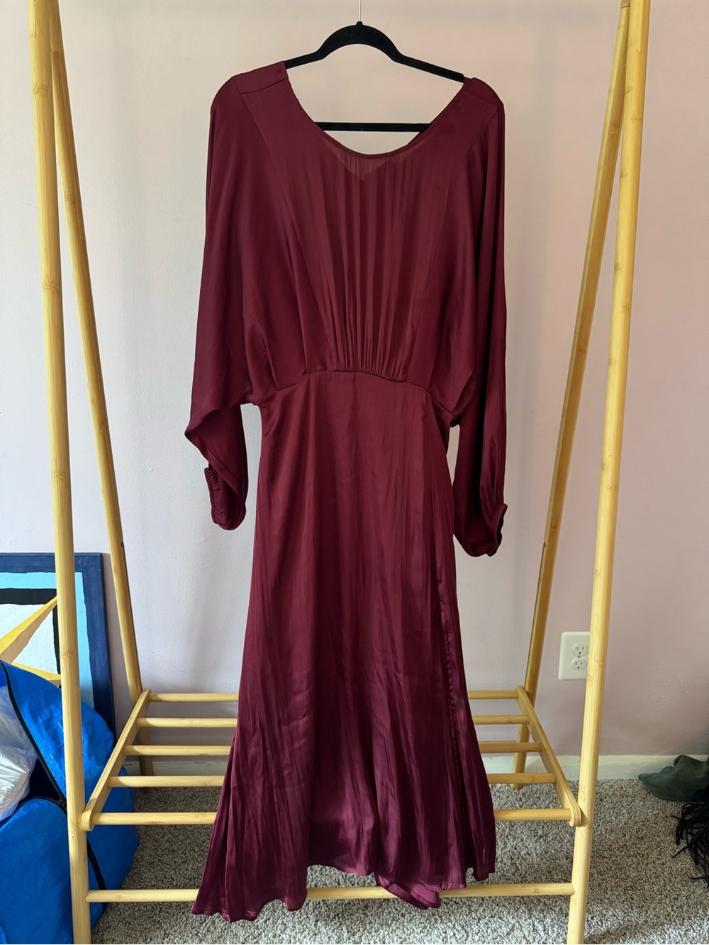 Astr The Label Burgundy Maxi Satin Dress with Dolman Sleeves, Size XL